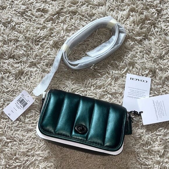 NWT COACH GREEN METALLIC QUILTED LEATHER DINKY 18 SHOULDER BAG #C6622 - Picture 2 of 15